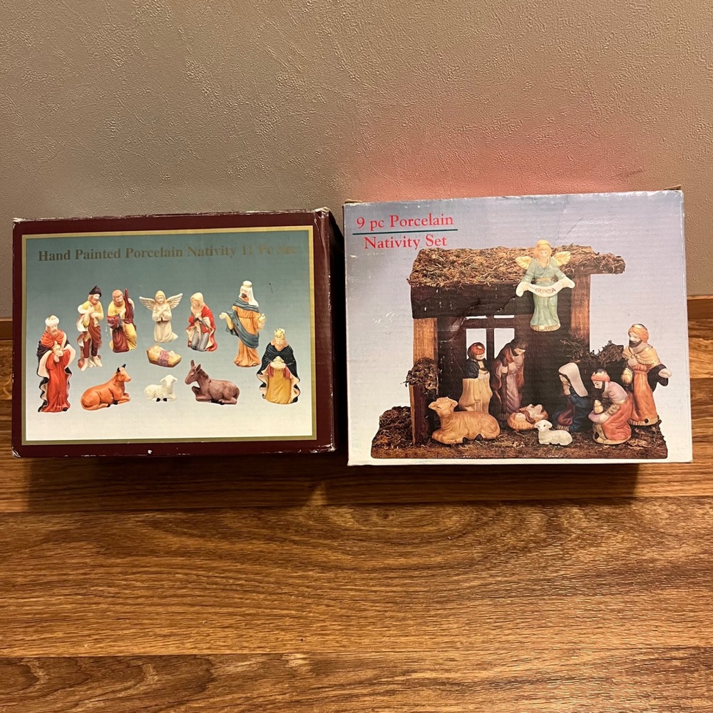 Hand Painted Porcelain Nativity Set Jesus Mary‎ Joseph Stable Angel Figures 9 pc